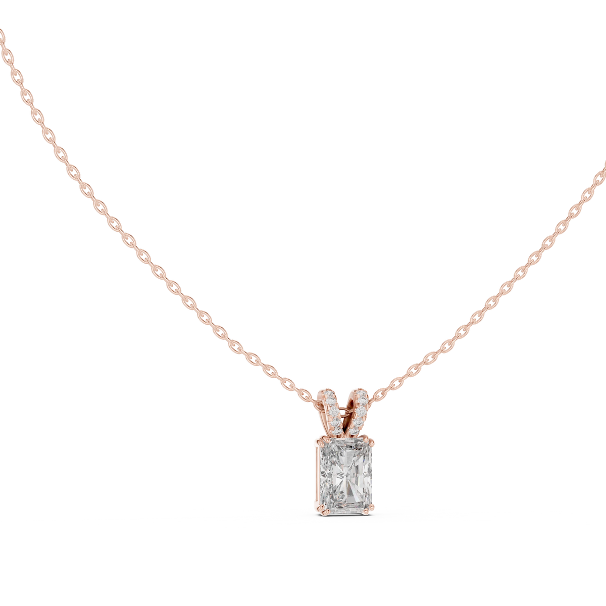 Radiant Cut Moissanite Solitaire Pendant with Pavé Bail in rose 925 sterling silver, view 1