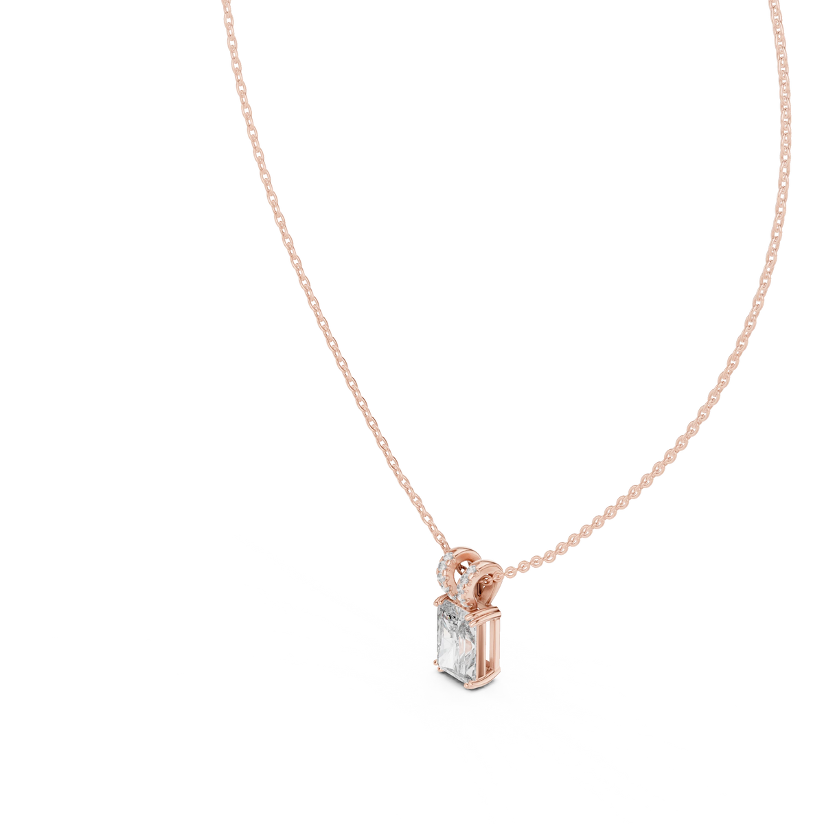 Radiant Cut Moissanite Solitaire Pendant with Pavé Bail in rose 925 sterling silver, view 2