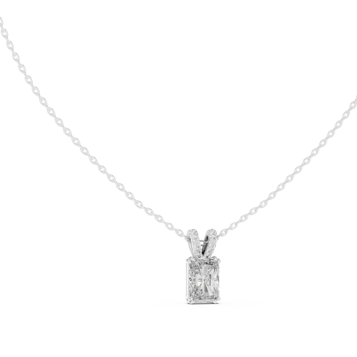 Radiant Cut Moissanite Solitaire Pendant with Pavé Bail in white 925 sterling silver, view 1