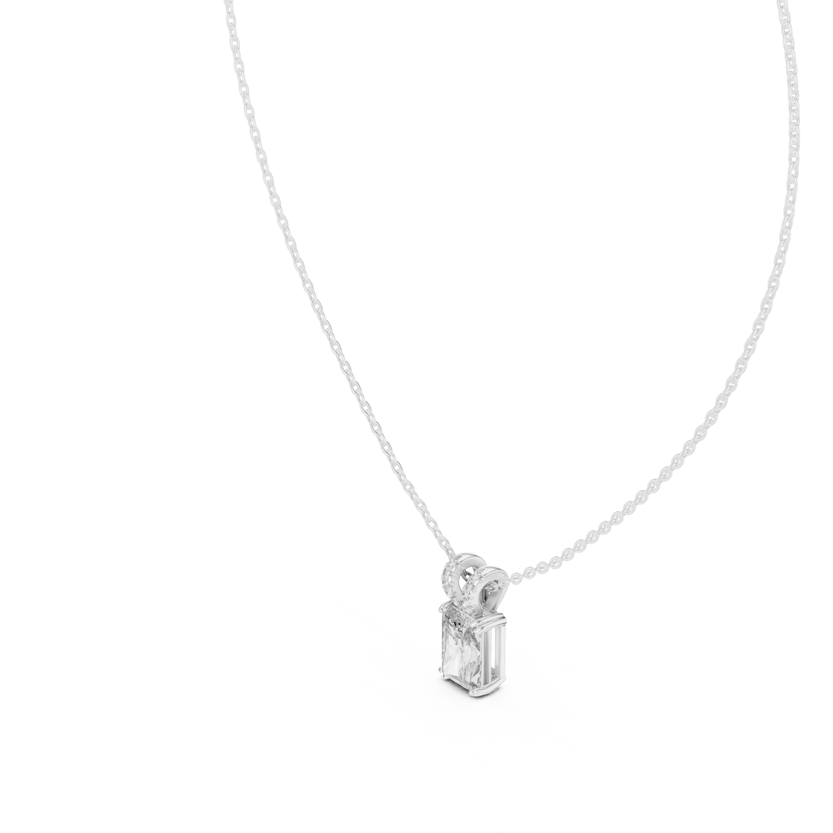 Radiant Cut Moissanite Solitaire Pendant with Pavé Bail in white 925 sterling silver, view 2