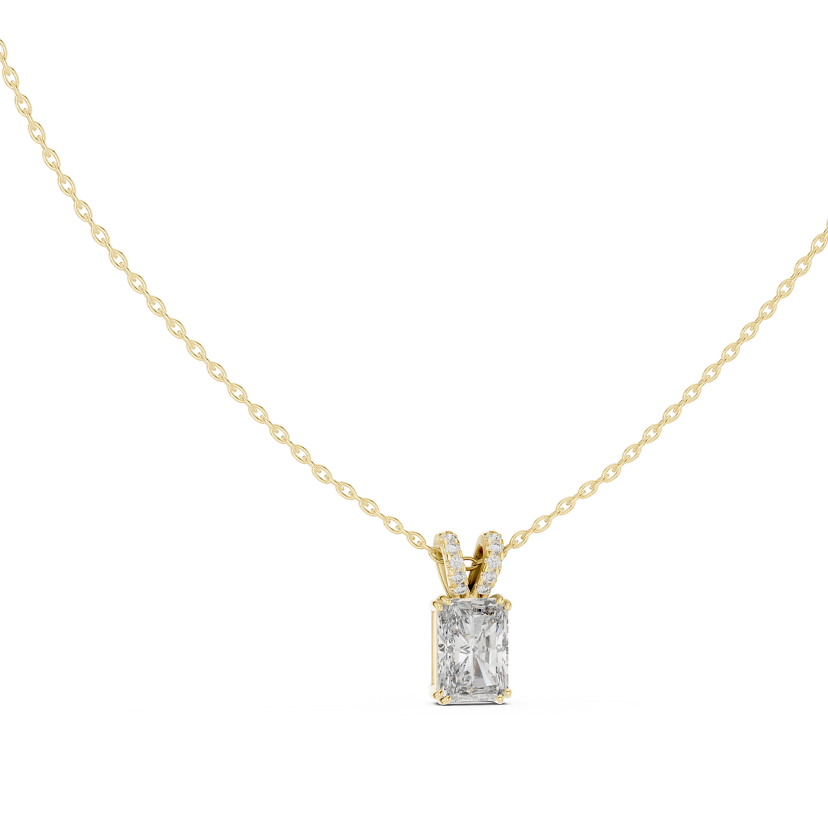 Radiant Cut Moissanite Solitaire Pendant with Pavé Bail in yellow 925 sterling silver, view 1