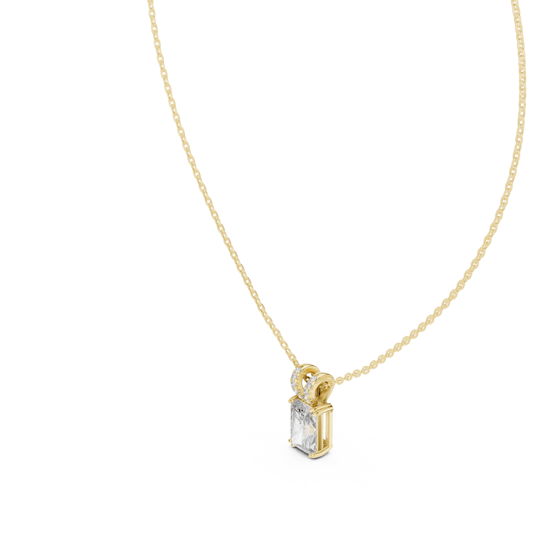 Radiant Cut Moissanite Solitaire Pendant with Pavé Bail in yellow 925 sterling silver, view 2
