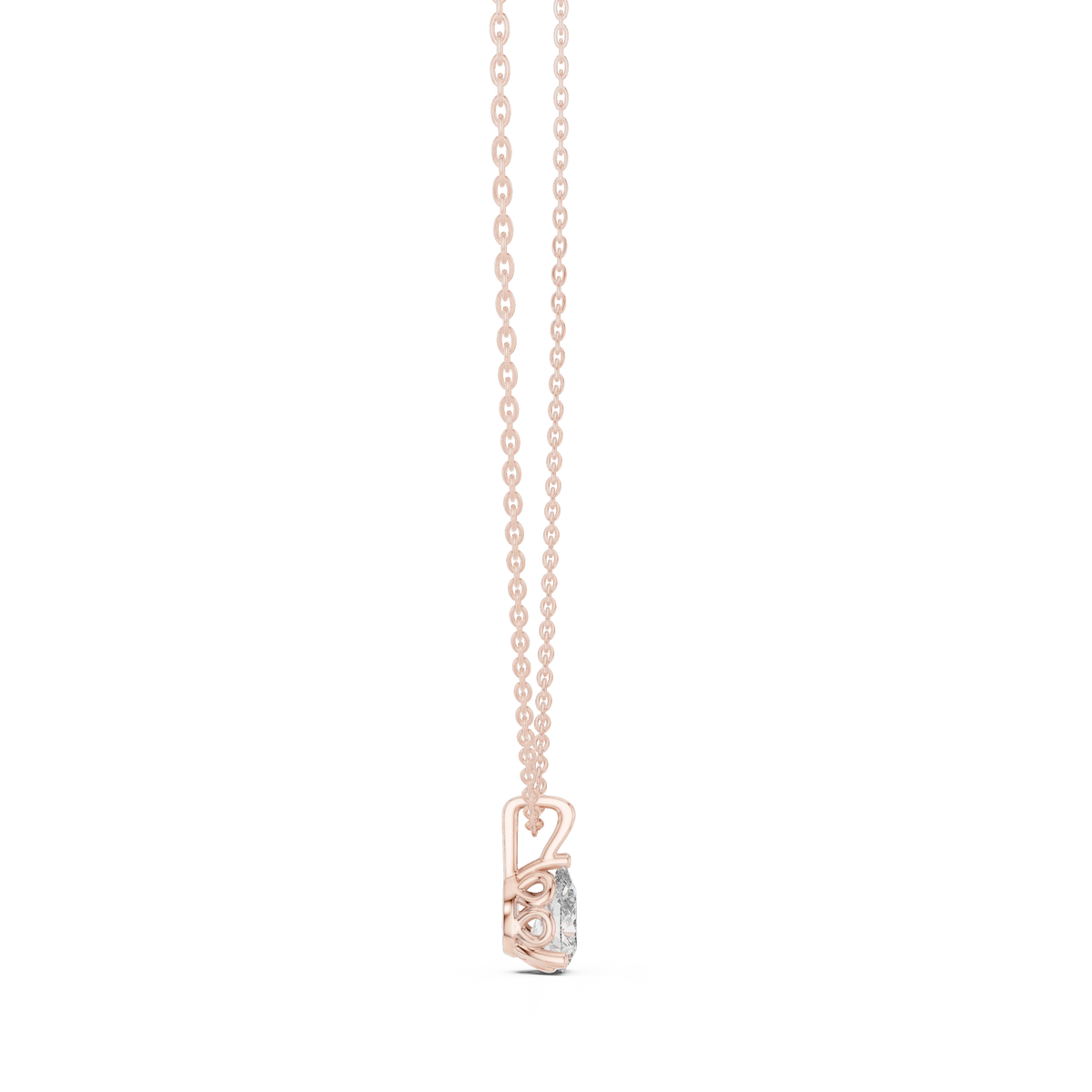 Pear Moissanite Scroll Basket Solitaire Pendant in rose 925 sterling silver, view 3
