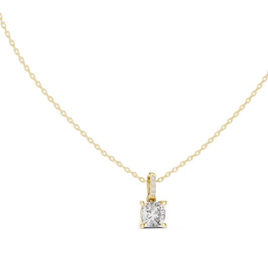 Cushion Cut Moissanite Solitaire Pendant with Pavé Bail in yellow 925 sterling silver, view 1
