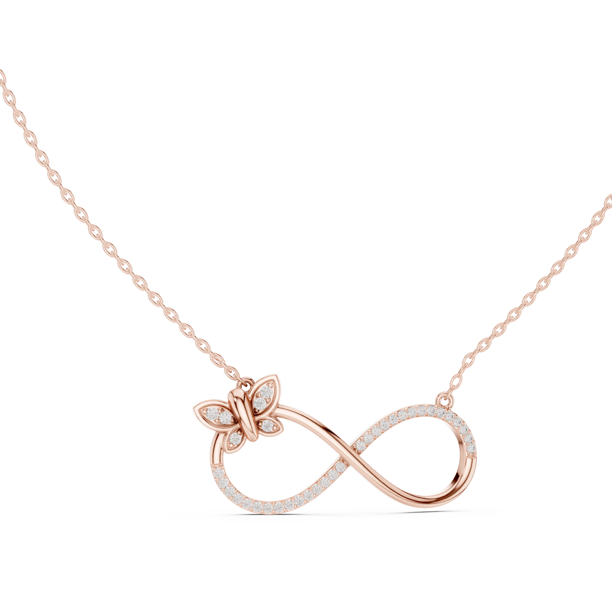 Infinity Butterfly Moissanite Pendant in rose 925 sterling silver, view 1