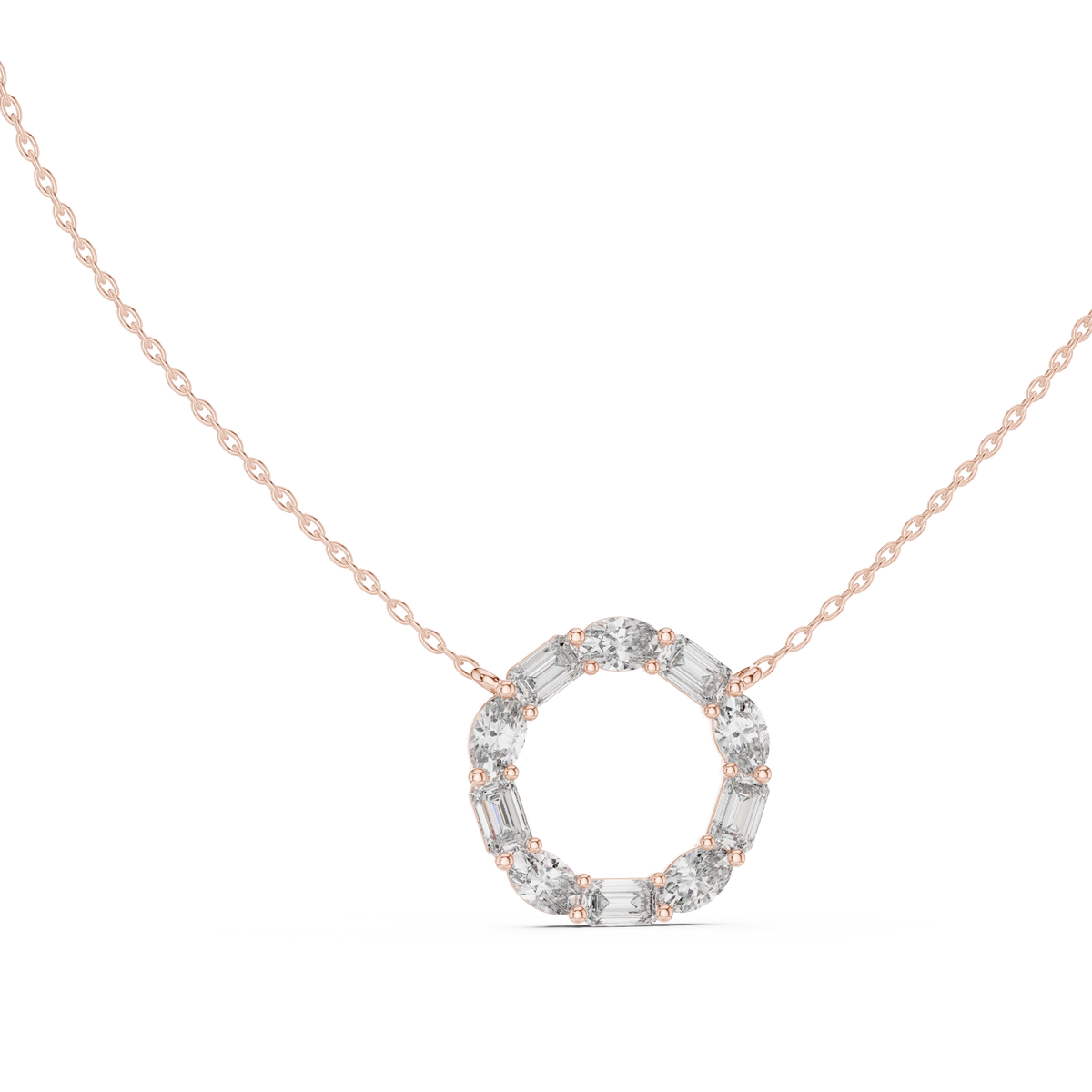 Oval and Emerald Cut Open Circle Moissanite Pendant in rose 925 sterling silver, view 1