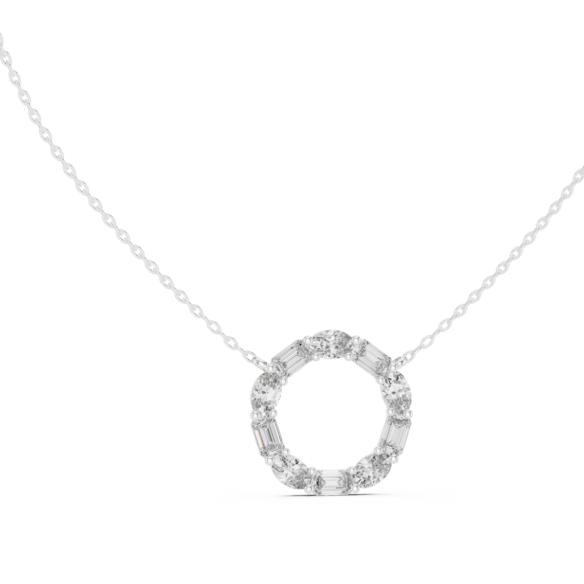Oval and Emerald Cut Open Circle Moissanite Pendant in white 925 sterling silver, view 1