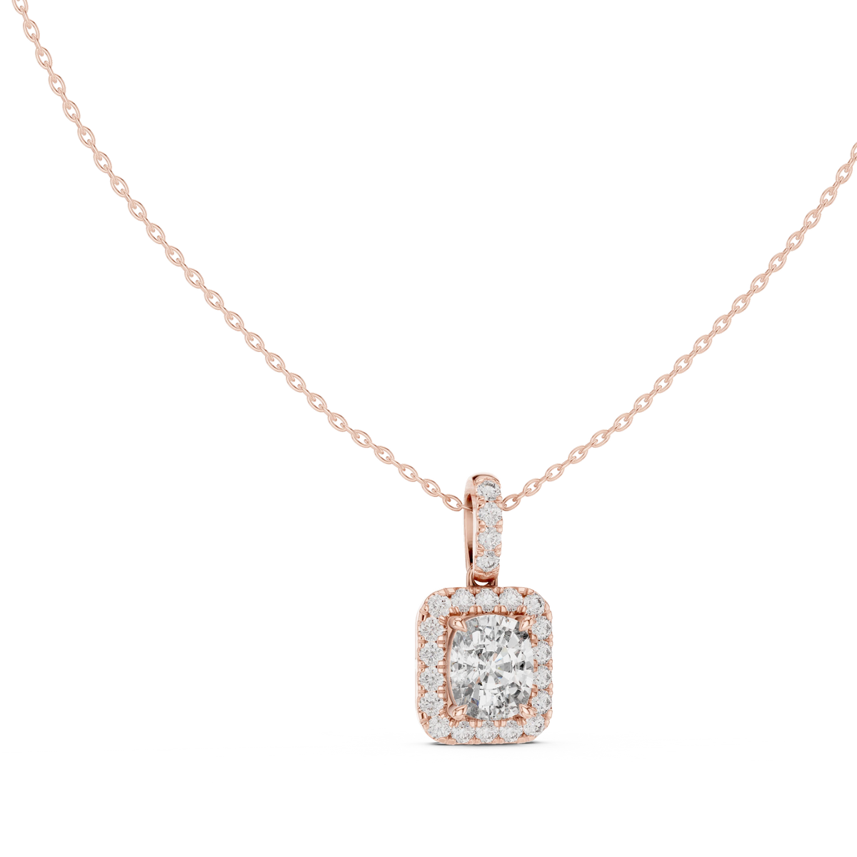 Elongated Cushion Halo Moissanite Pendant in rose 925 sterling silver, view 1