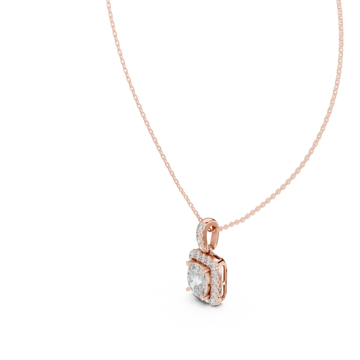 Elongated Cushion Halo Moissanite Pendant in rose 925 sterling silver, view 2