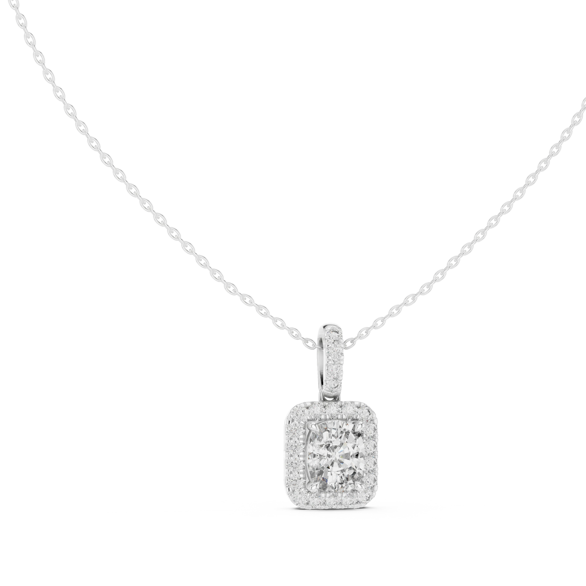 Elongated Cushion Halo Moissanite Pendant in white 925 sterling silver, view 1