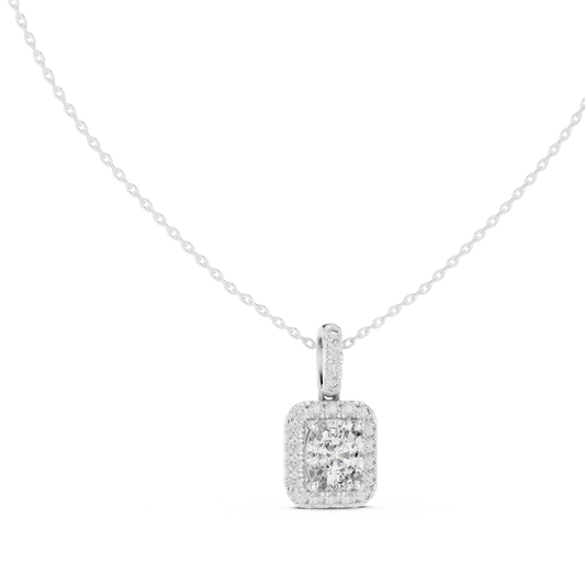Elongated Cushion Halo Moissanite Pendant in white 925 sterling silver, view 1