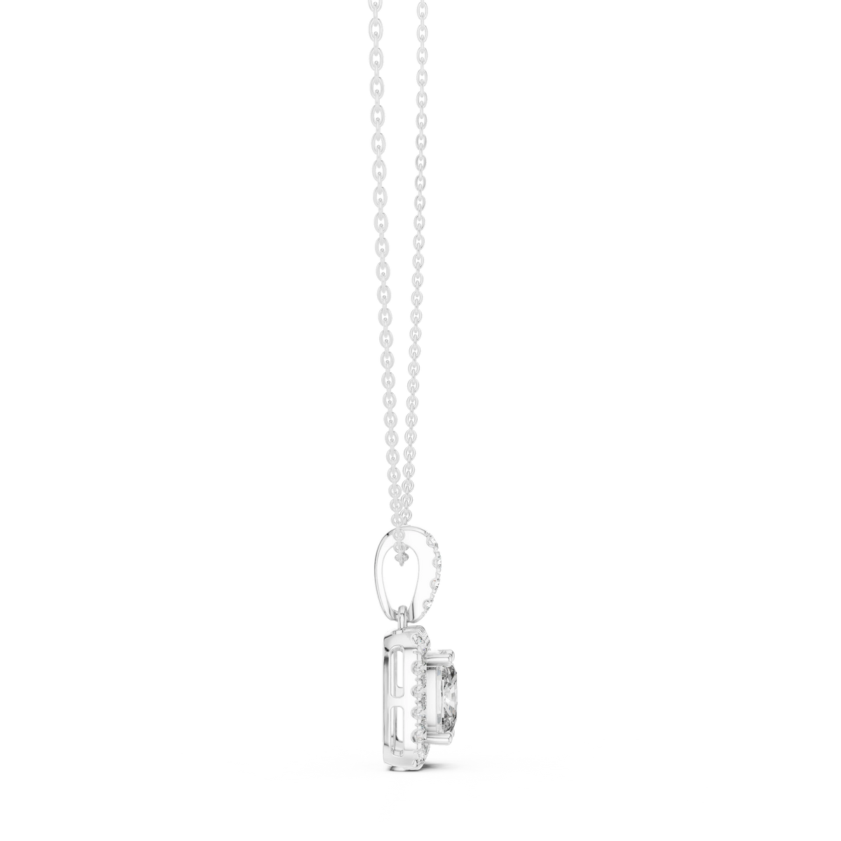 Elongated Cushion Halo Moissanite Pendant in white 925 sterling silver, view 3