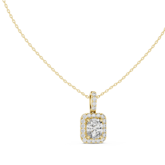 Elongated Cushion Halo Moissanite Pendant in yellow 925 sterling silver, view 1