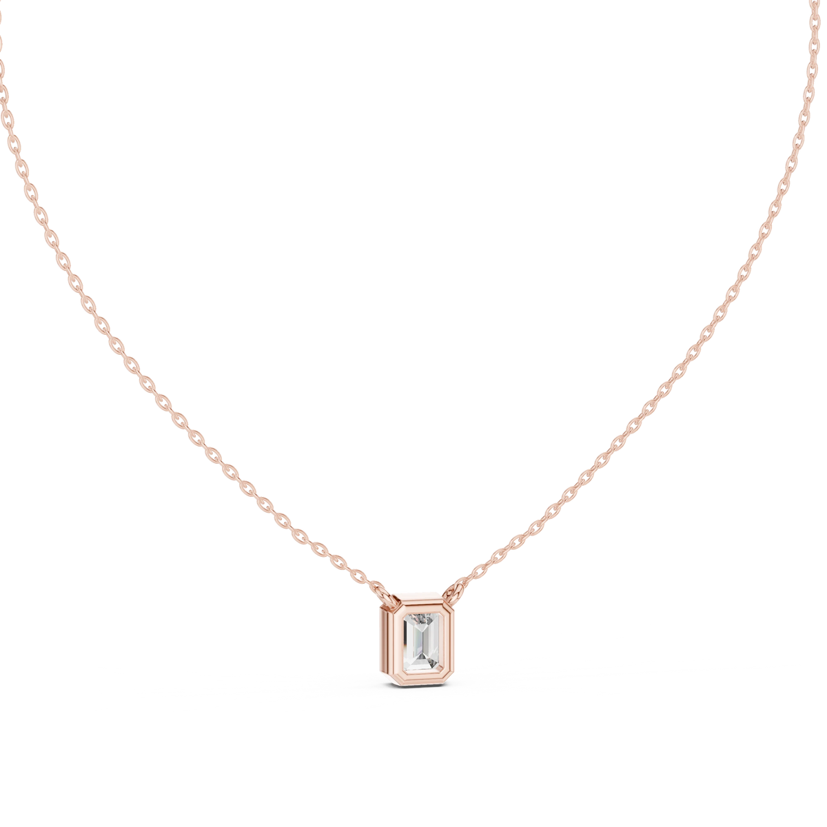 Emerald Cut Moissanite Bezel Station Pendant in rose 925 sterling silver, view 4