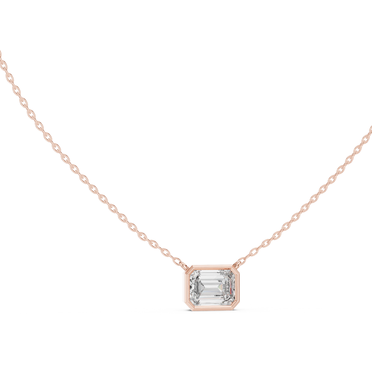East West Emerald Cut Moissanite Bezel Pendant in rose 925 sterling silver, view 1