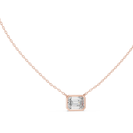 East West Emerald Cut Moissanite Bezel Pendant in rose 925 sterling silver, view 1