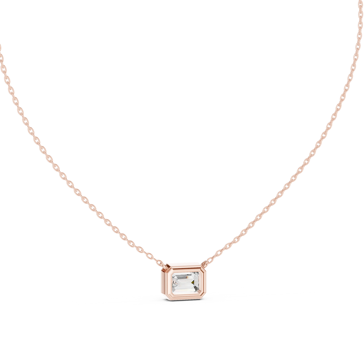 East West Emerald Cut Moissanite Bezel Pendant in rose 925 sterling silver, view 4