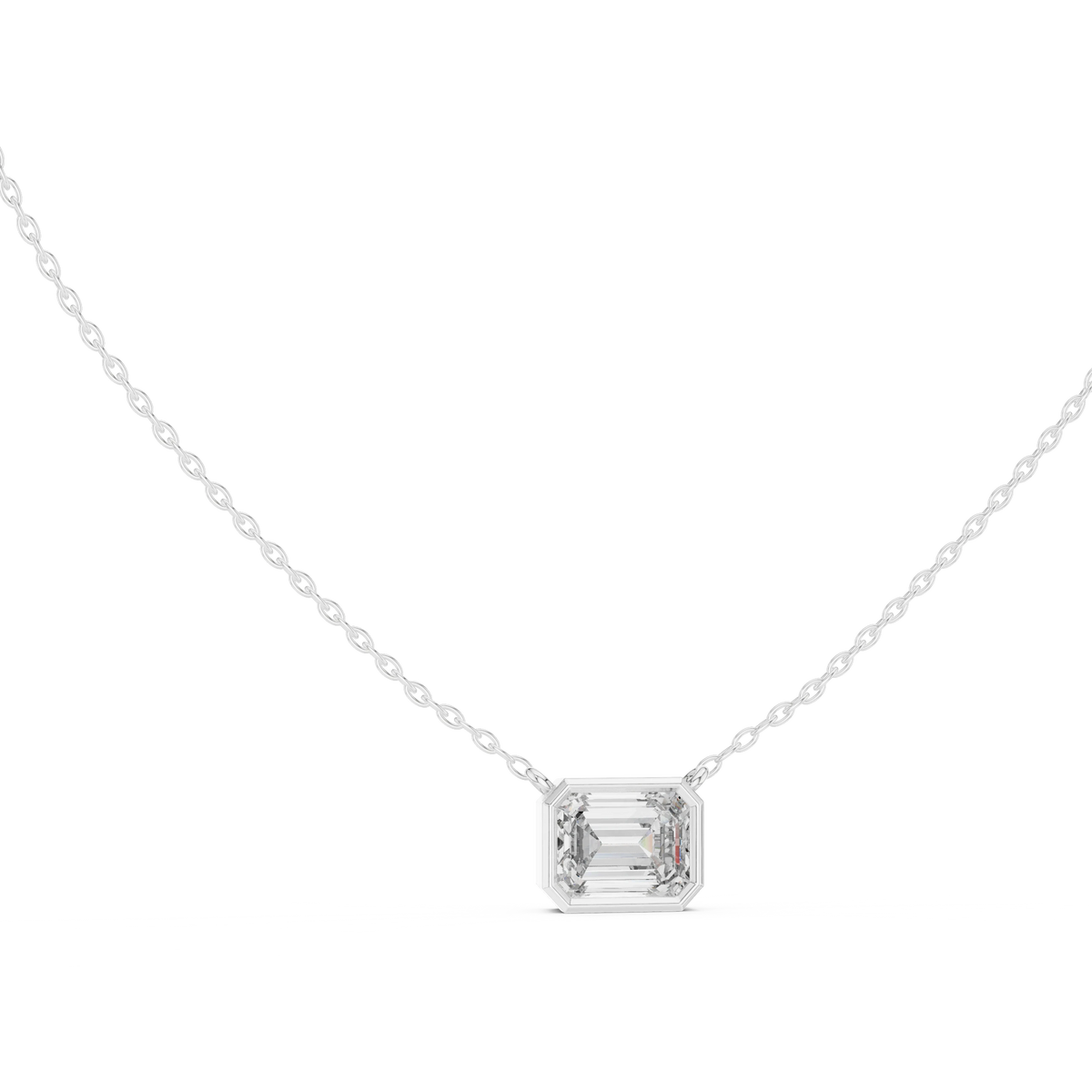 East West Emerald Cut Moissanite Bezel Pendant in white 925 sterling silver, view 1