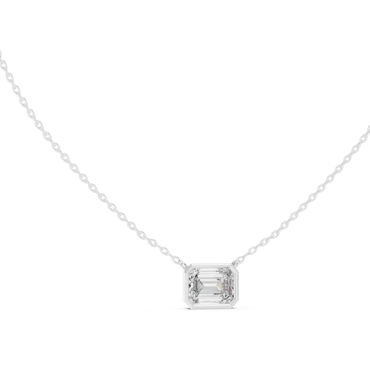 East West Emerald Cut Moissanite Bezel Pendant in white 925 sterling silver, view 1