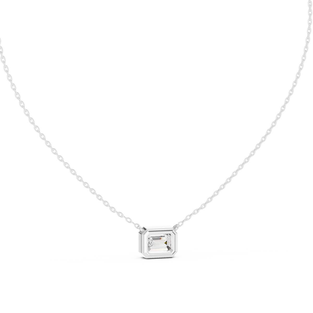 East West Emerald Cut Moissanite Bezel Pendant in white 925 sterling silver, view 4