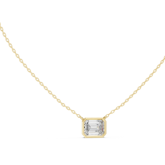 East West Emerald Cut Moissanite Bezel Pendant in yellow 925 sterling silver, view 1