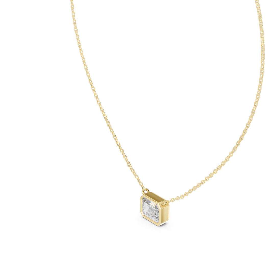 East West Emerald Cut Moissanite Bezel Pendant in yellow 925 sterling silver, view 2