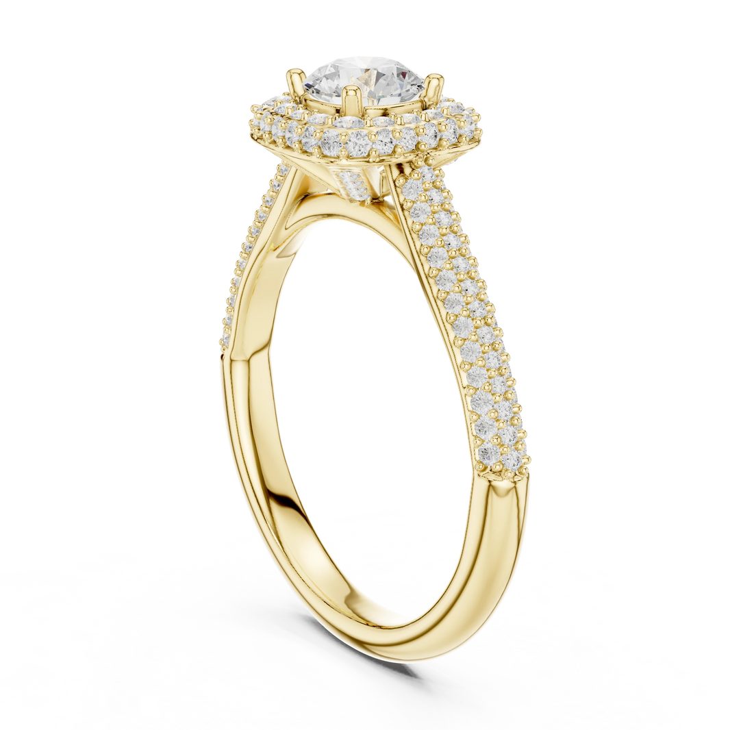 Cushion Double Halo Three Sided Pavé Moissanite Ring in yellow 925 sterling silver, view 1