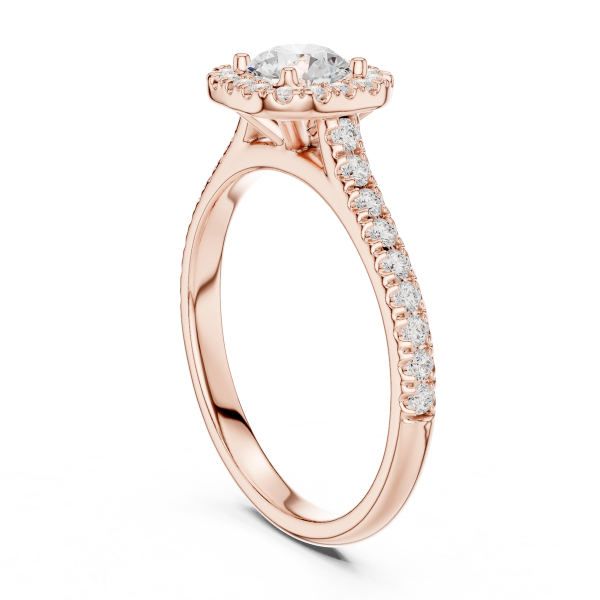 Classic Cushion Halo Pavé Moissanite Engagement Ring in rose 925 sterling silver, view 1
