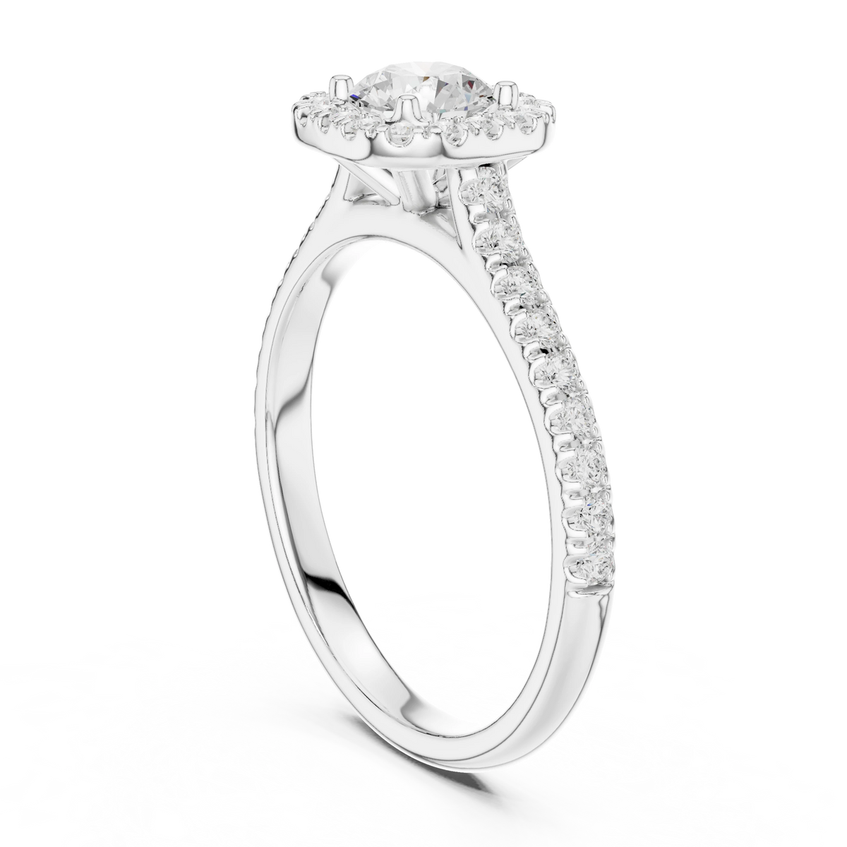 Classic Cushion Halo Pavé Moissanite Engagement Ring in white 925 sterling silver, view 1