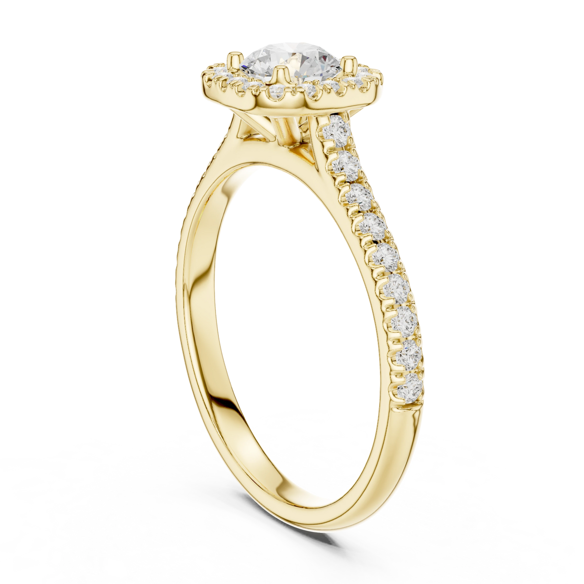 Classic Cushion Halo Pavé Moissanite Engagement Ring in yellow 925 sterling silver, view 1