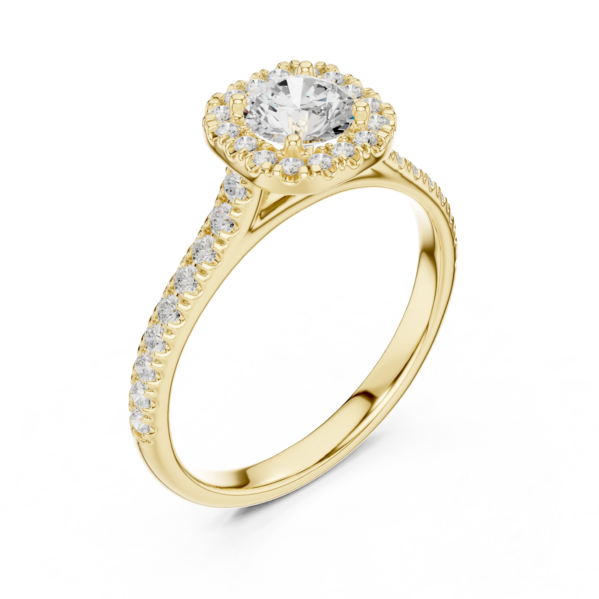 Classic Cushion Halo Pavé Moissanite Engagement Ring in yellow 925 sterling silver, view 2