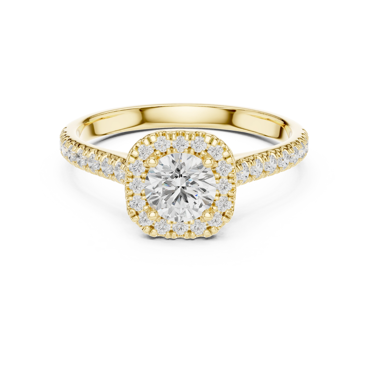 Classic Cushion Halo Pavé Moissanite Engagement Ring in yellow 925 sterling silver, view 4