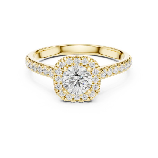 Classic Cushion Halo Pavé Moissanite Engagement Ring in yellow 925 sterling silver, view 4