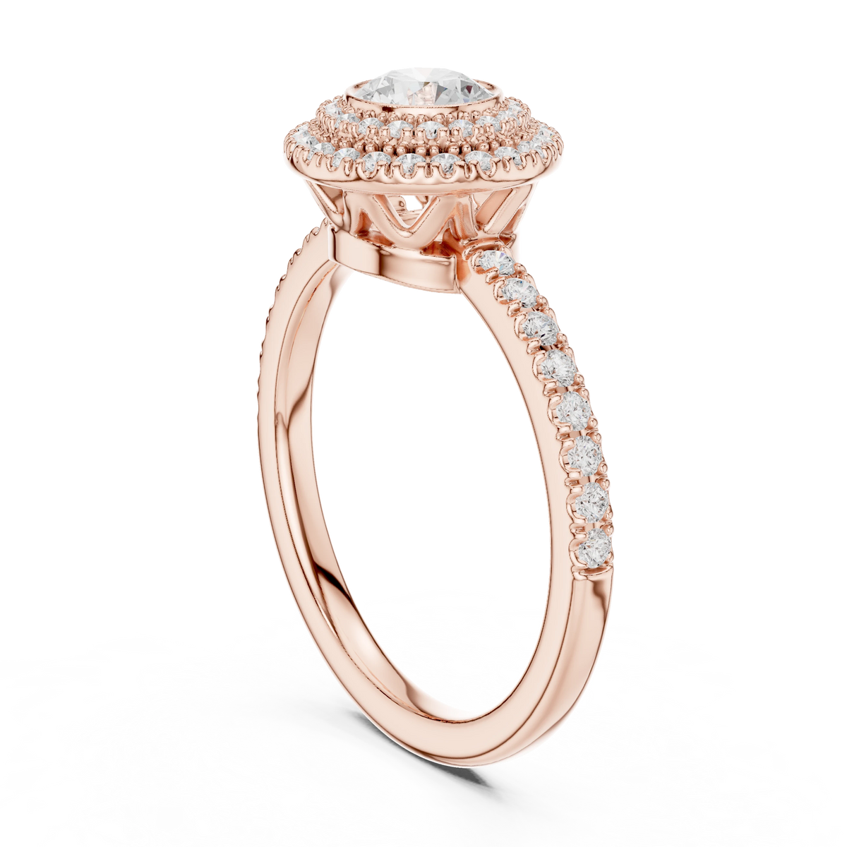 Bezel Set Round Double Halo Moissanite Engagement Ring in rose 925 sterling silver, view 1