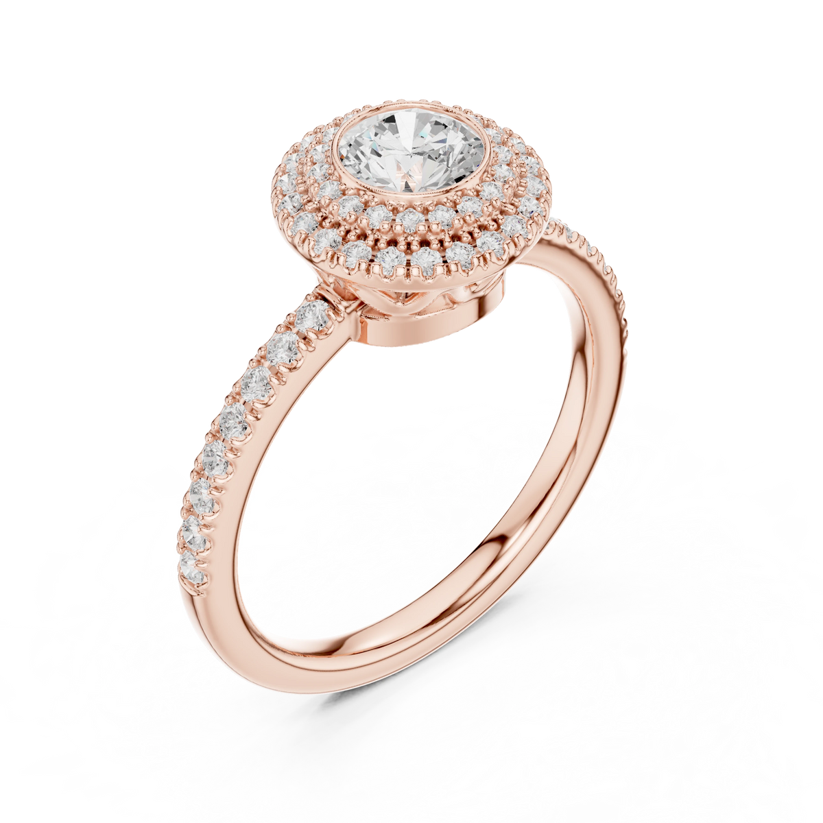 Bezel Set Round Double Halo Moissanite Engagement Ring in rose 925 sterling silver, view 2