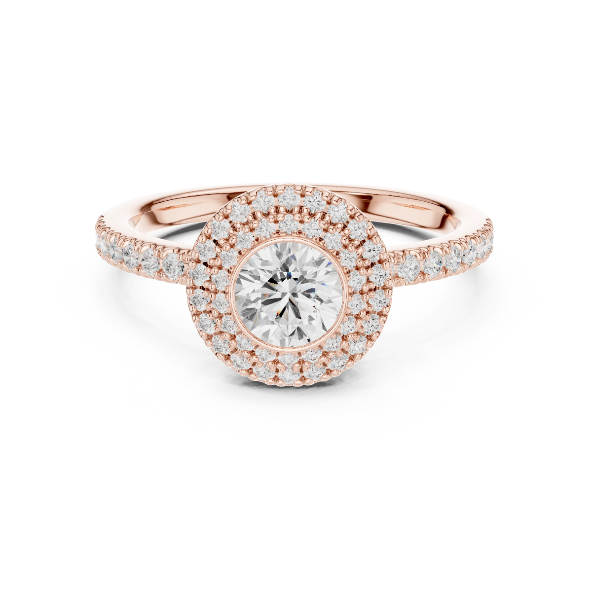 Bezel Set Round Double Halo Moissanite Engagement Ring in rose 925 sterling silver, view 4