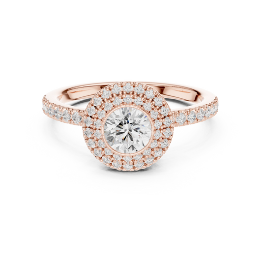 Bezel Set Round Double Halo Moissanite Engagement Ring in rose 925 sterling silver, view 4
