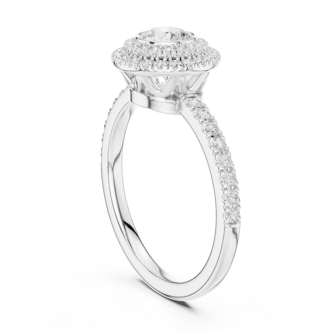 Bezel Set Round Double Halo Moissanite Engagement Ring in white 925 sterling silver, view 1