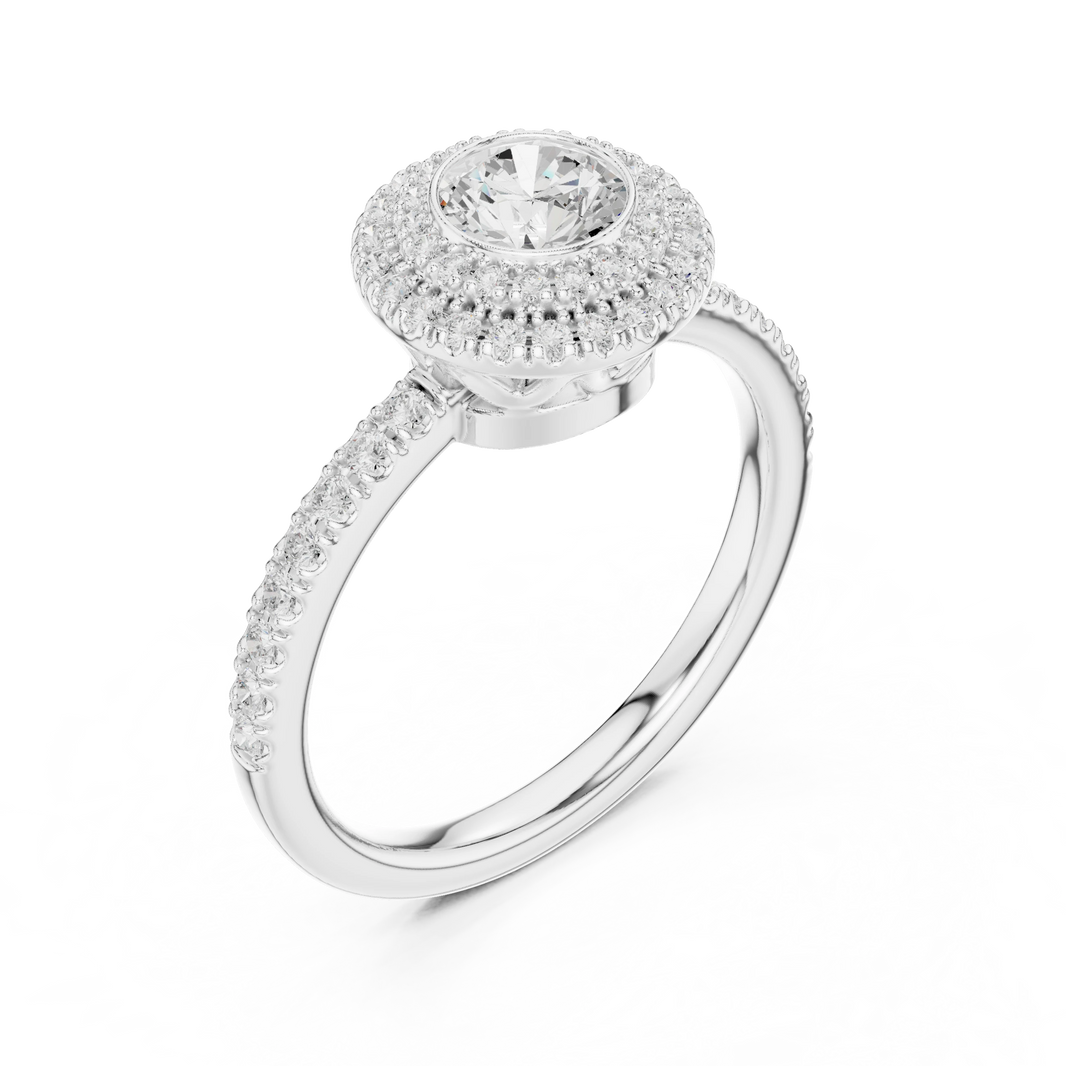 Bezel Set Round Double Halo Moissanite Engagement Ring in white 925 sterling silver, view 2