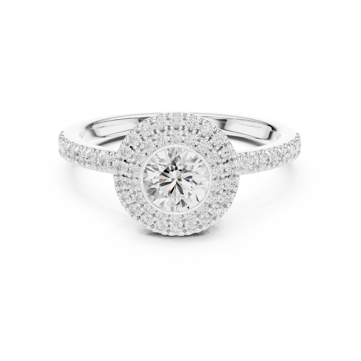 Bezel Set Round Double Halo Moissanite Engagement Ring in white 925 sterling silver, view 4