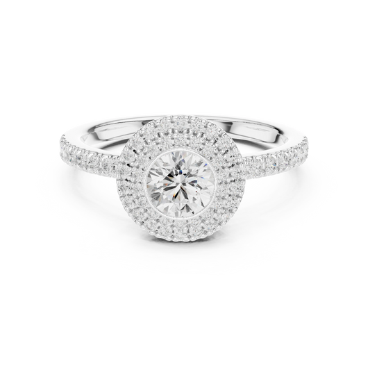 Bezel Set Round Double Halo Moissanite Engagement Ring in white 925 sterling silver, view 4