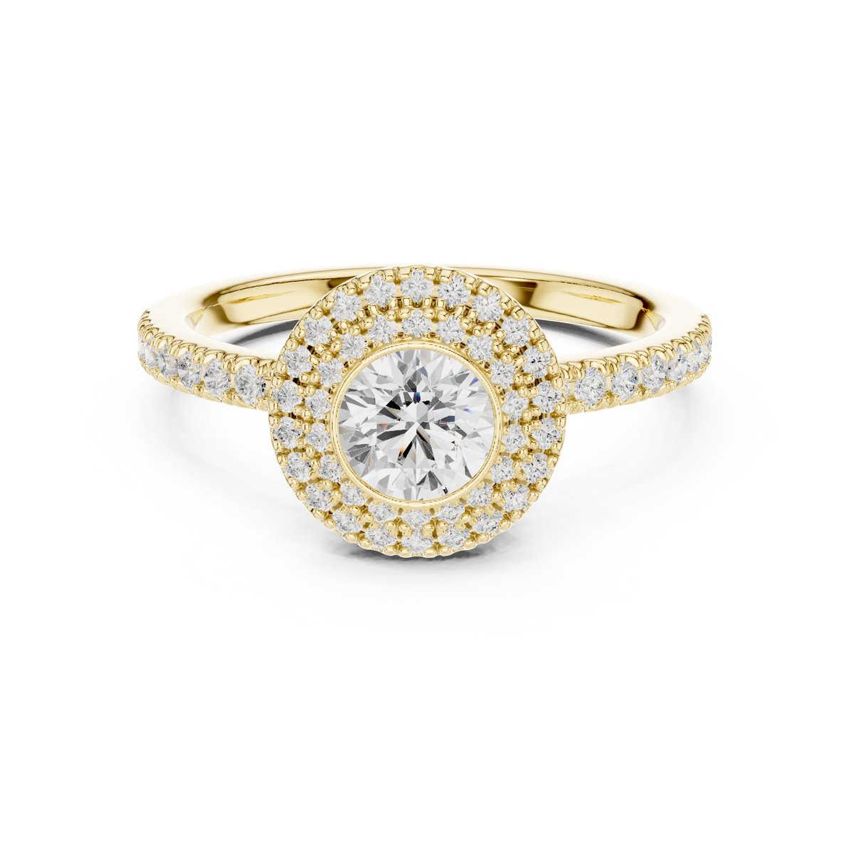 Bezel Set Round Double Halo Moissanite Engagement Ring in yellow 925 sterling silver, view 4