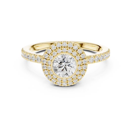 Bezel Set Round Double Halo Moissanite Engagement Ring in yellow 925 sterling silver, view 4