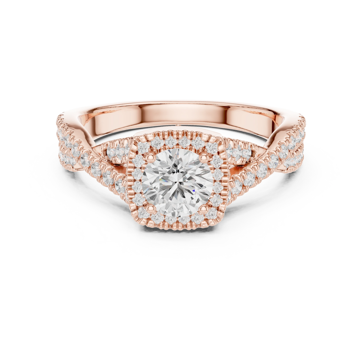 Cushion Halo Infinity Twist Pavé Moissanite Engagement Ring in rose 925 sterling silver, view 4