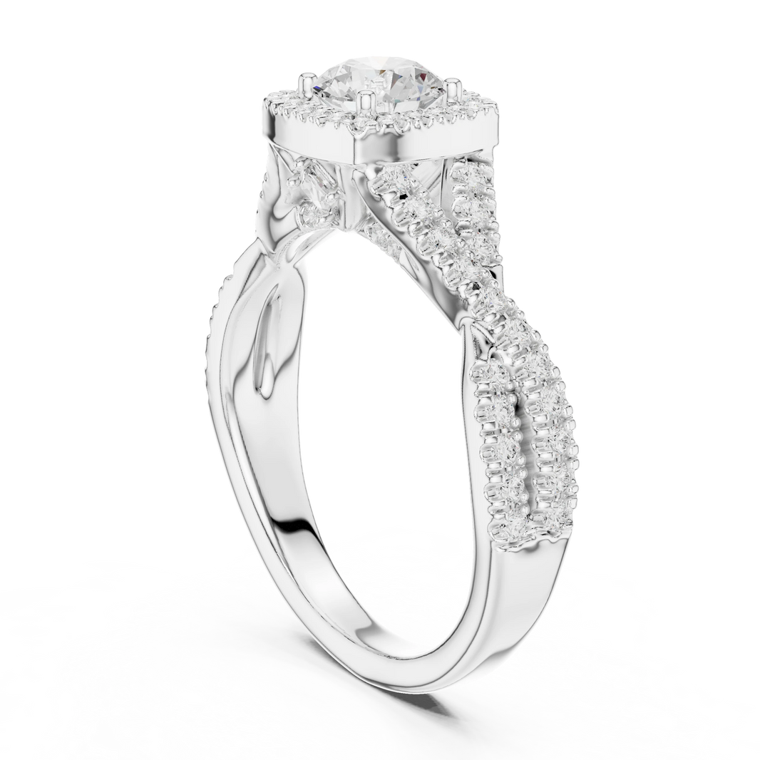 Cushion Halo Infinity Twist Pavé Moissanite Engagement Ring in white 925 sterling silver, view 1