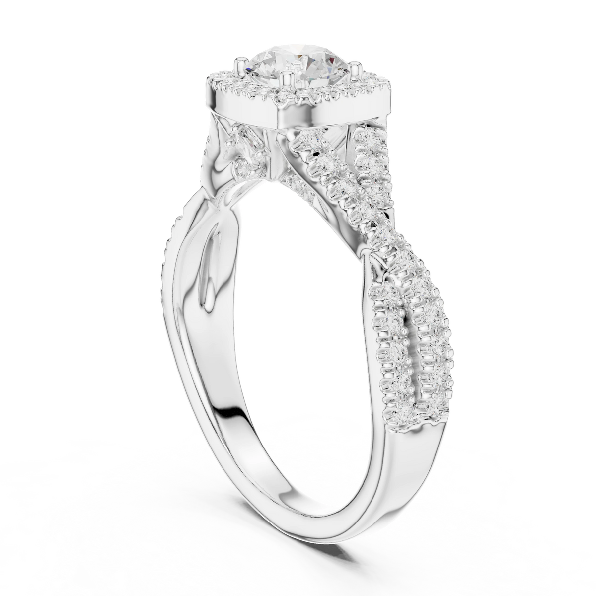 Cushion Halo Infinity Twist Pavé Moissanite Engagement Ring in white 925 sterling silver, view 1