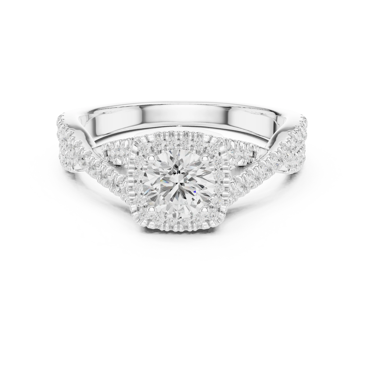 Cushion Halo Infinity Twist Pavé Moissanite Engagement Ring in white 925 sterling silver, view 4
