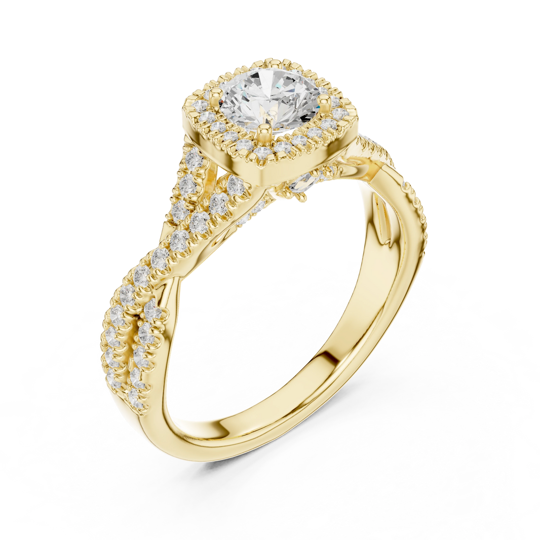 Cushion Halo Infinity Twist Pavé Moissanite Engagement Ring in yellow 925 sterling silver, view 2