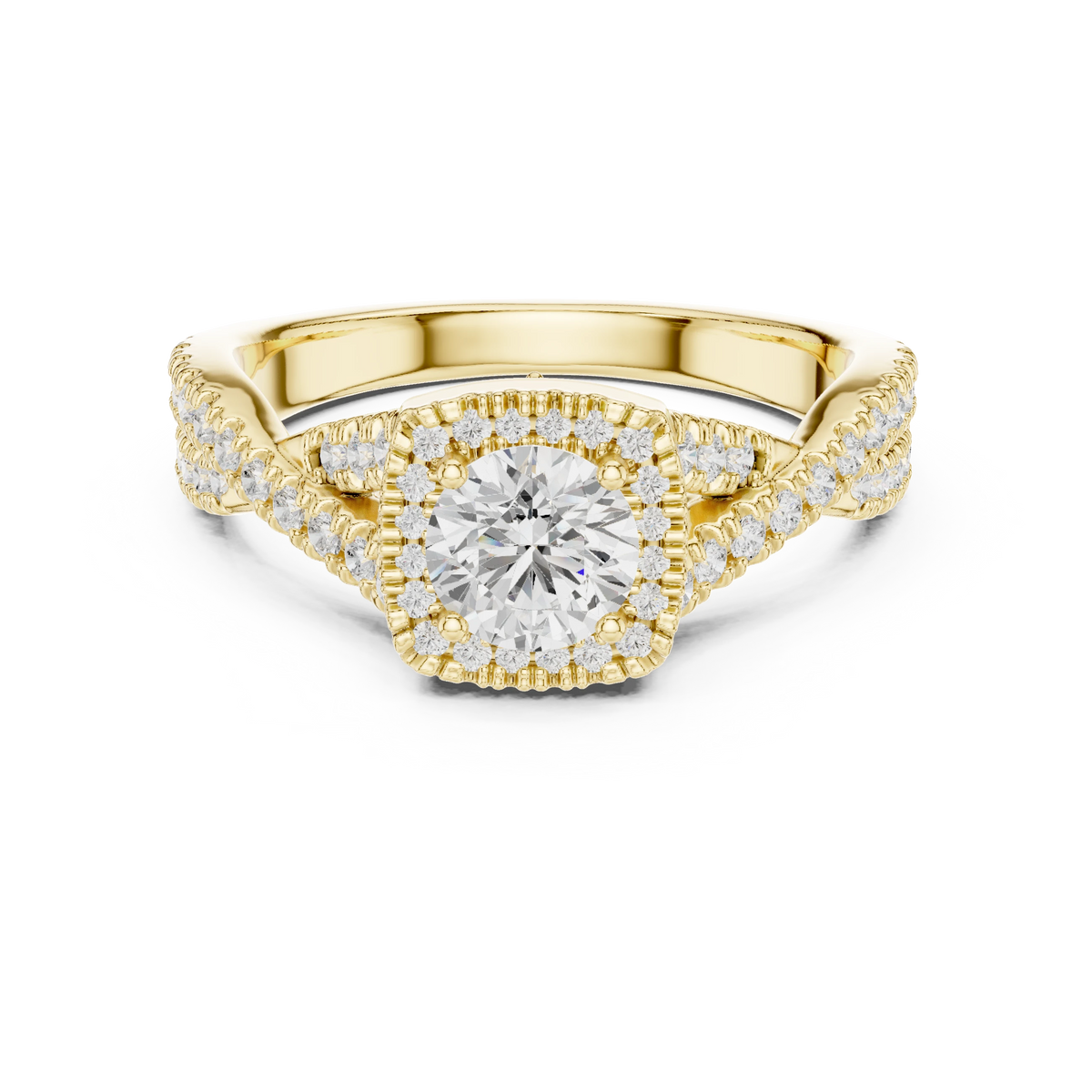 Cushion Halo Infinity Twist Pavé Moissanite Engagement Ring in yellow 925 sterling silver, view 4