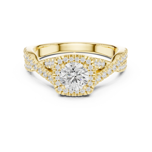Cushion Halo Infinity Twist Pavé Moissanite Engagement Ring in yellow 925 sterling silver, view 4